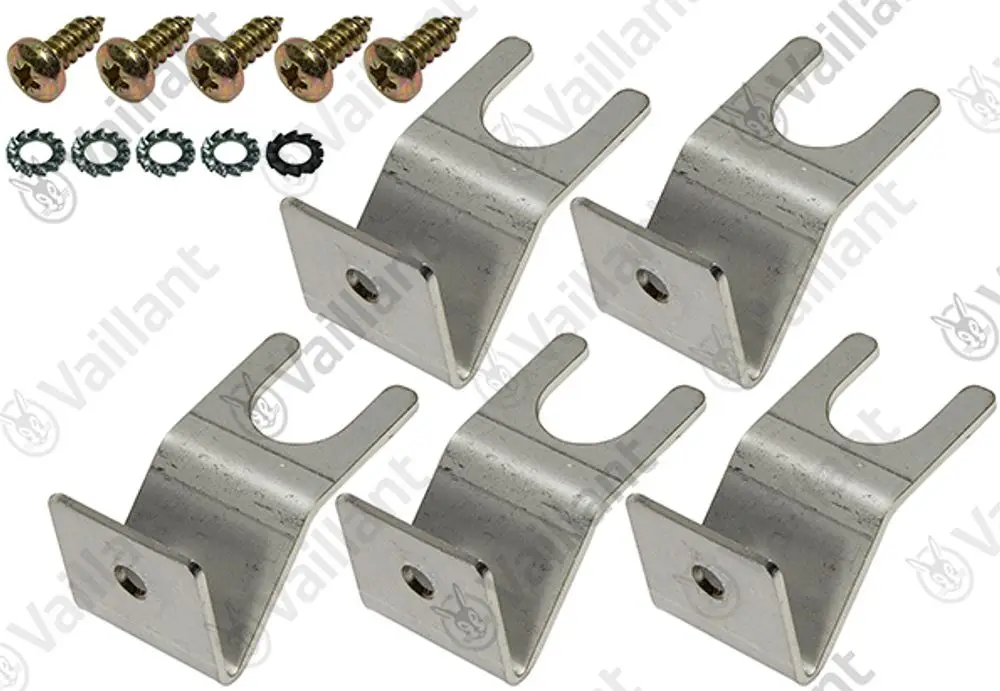 Vaillant Clips aus Metall mit Halterung für NTC-Fühler, fünf Stück, inklusive Schrauben und Unterlegscheiben.